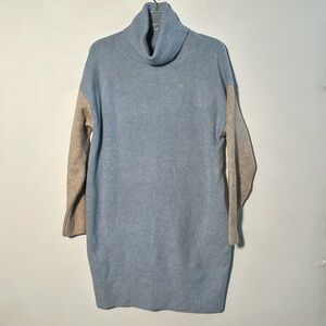 LULUS Blue/Cream Color Block Office/Boho Cozy Turtleneck Knit Sweater Dress SZ S